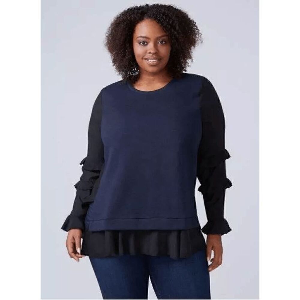 Lane Bryant Womens Top Sz 14-16 Long Ruffle Sleeves Navy Black Pullover Bohemian